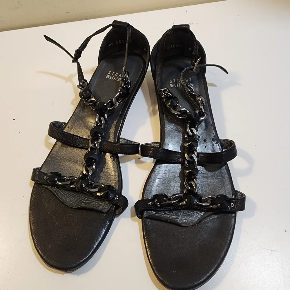 Stuart Weitzman Black Chain Strap Sandals Size 8